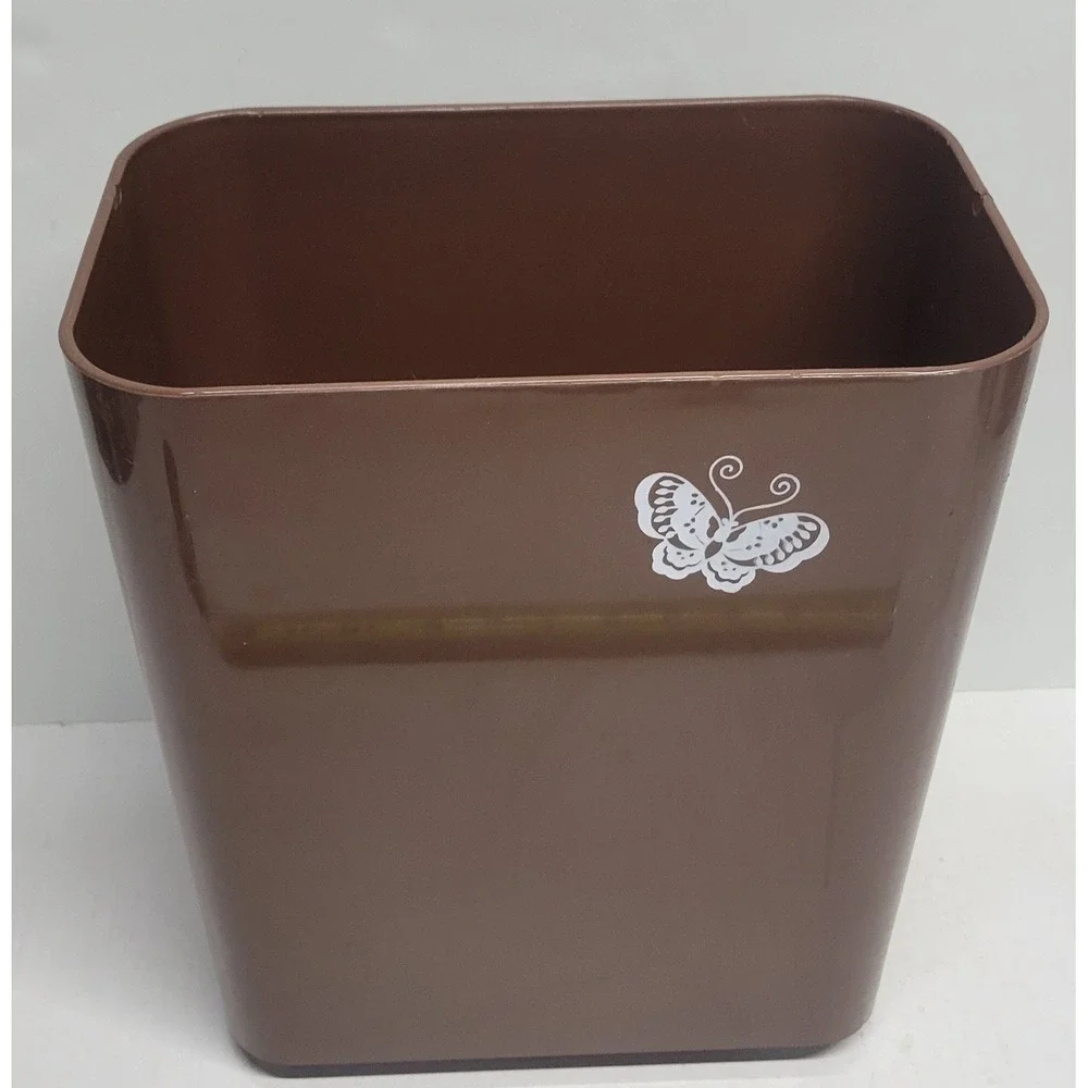 Vintage Brown Plastic Wastebasket with White Butterfly Graphic Small‎ Trash Can